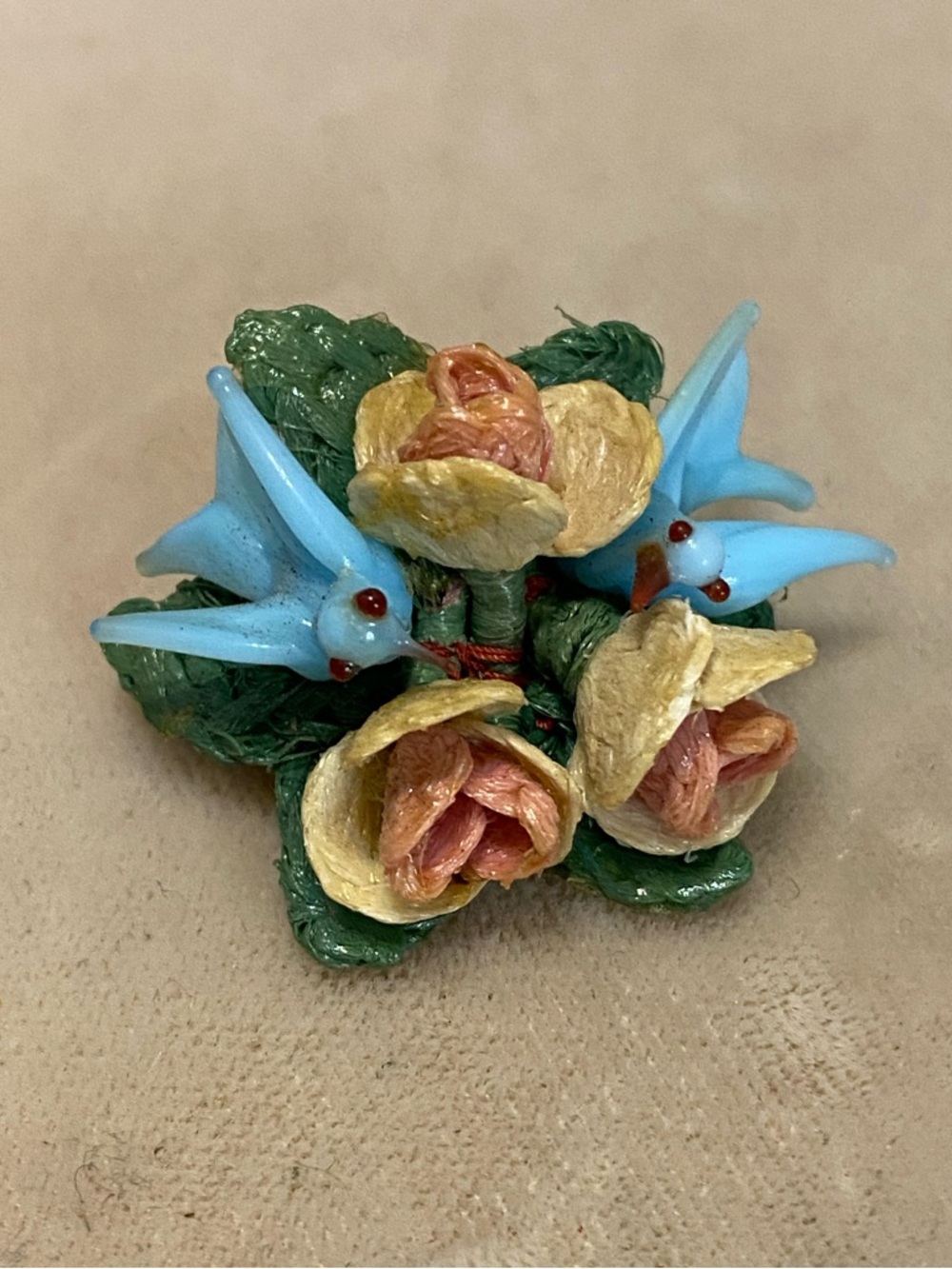 Vintage French Blue Glass Bird Floral Brooch